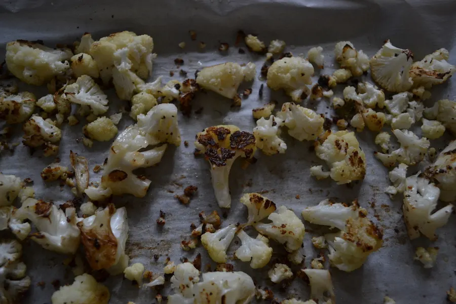 Roasted Cauliflower waiting to be tossed with Spicy Gremolata Recipe on BigTasteTinySpace.com