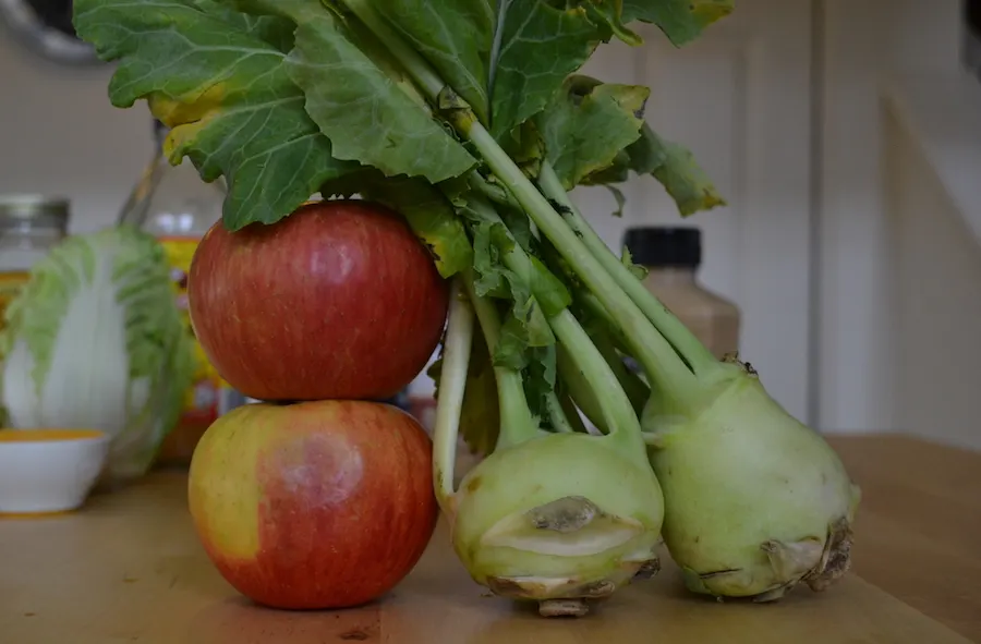 Apples and Kohlrabi pair nicely for a Crunchy Kohlrabi Slaw. Full recipe on BigTasteTinySpace.com