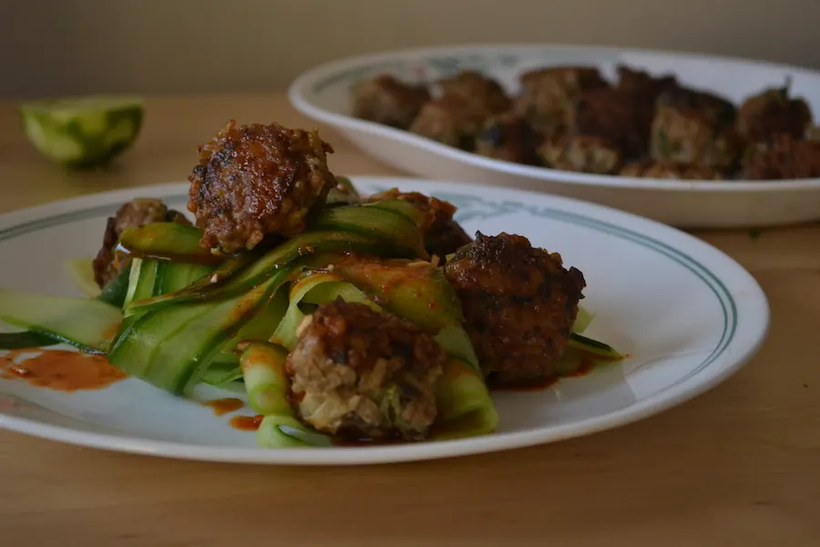 Chicken Rice Meatballs with Cucumber Noodles. Full recipe on BigTasteTinySpace.com